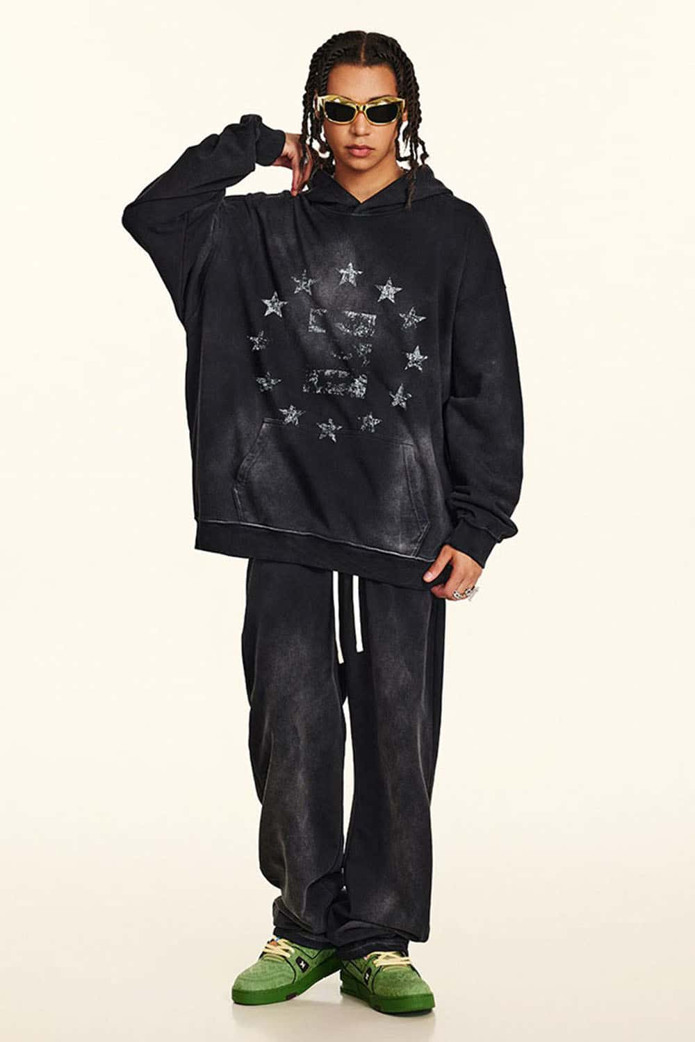 Vintage Distressed Black Hoodie with Star Pupil Print