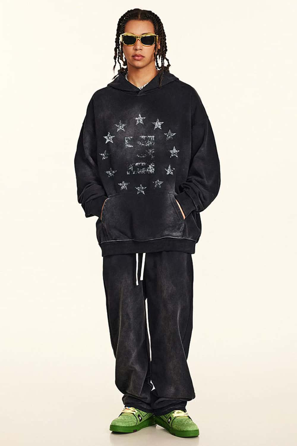 Vintage Distressed Black Hoodie with Star Pupil Print