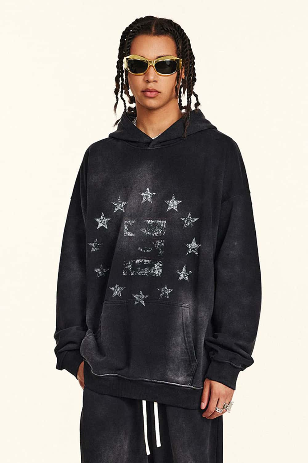 Vintage Distressed Black Hoodie with Star Pupil Print