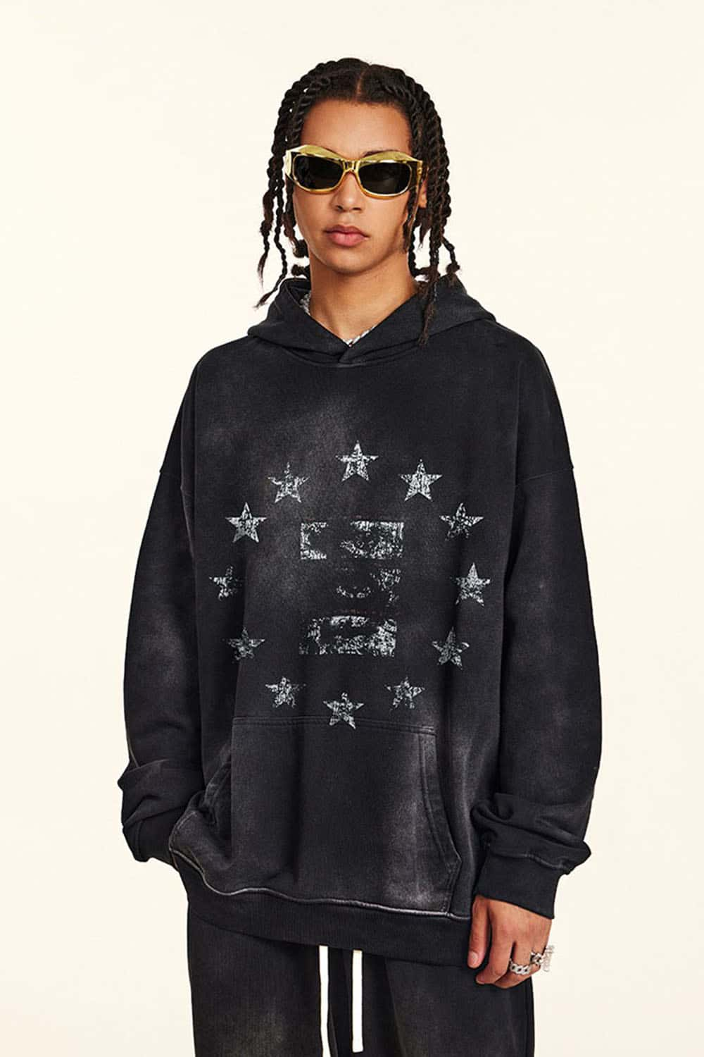 Vintage Distressed Black Hoodie with Star Pupil Print