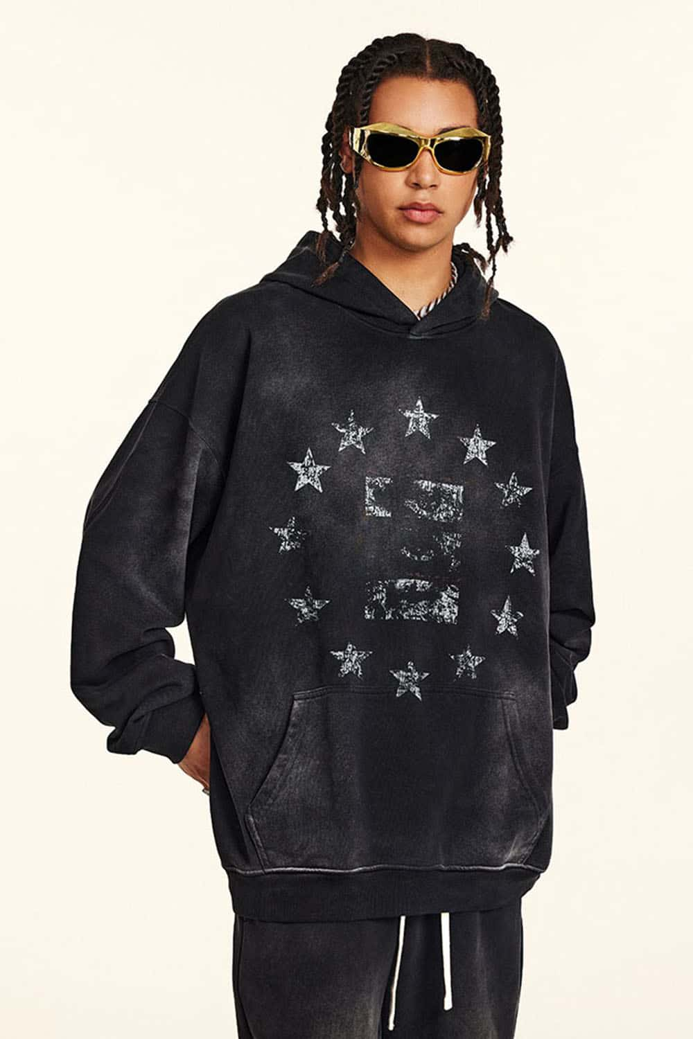 Vintage Distressed Black Hoodie with Star Pupil Print