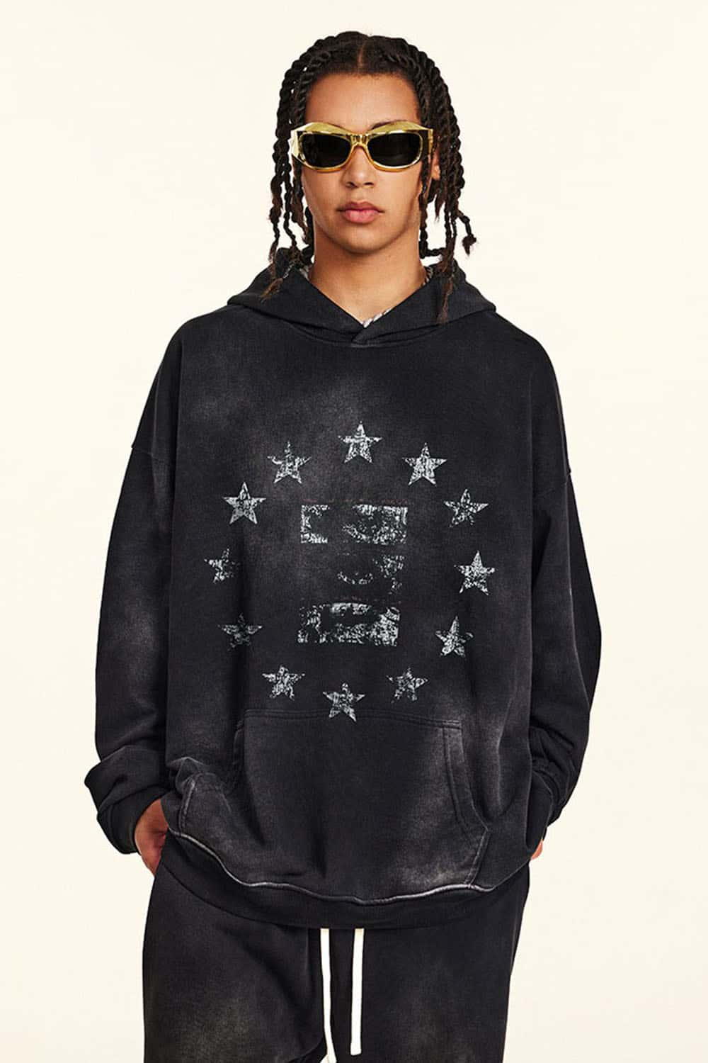 Vintage Distressed Black Hoodie with Star Pupil Print