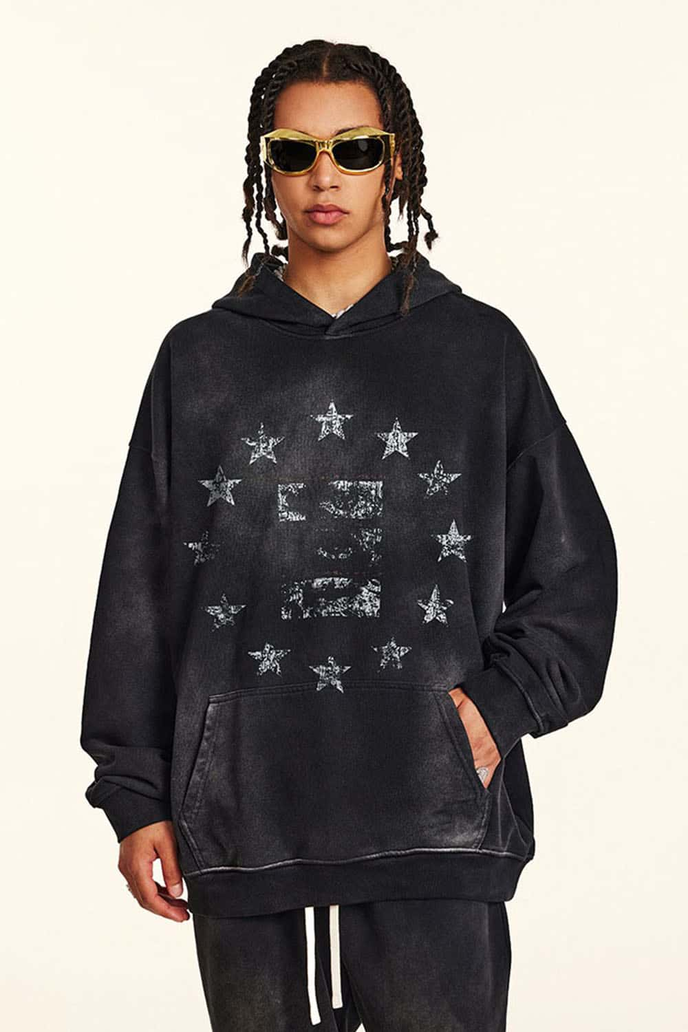 Vintage Distressed Black Hoodie with Star Pupil Print