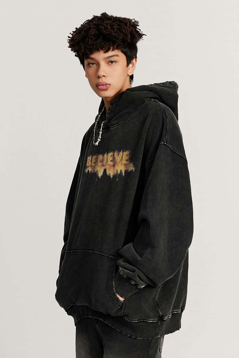 Vintage Street Flame Logo Trendy Hoodie with Washed Long Sleeves