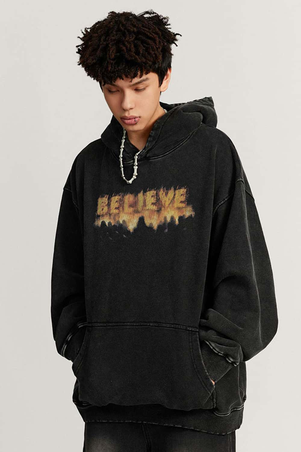 Vintage Street Flame Logo Trendy Hoodie with Washed Long Sleeves