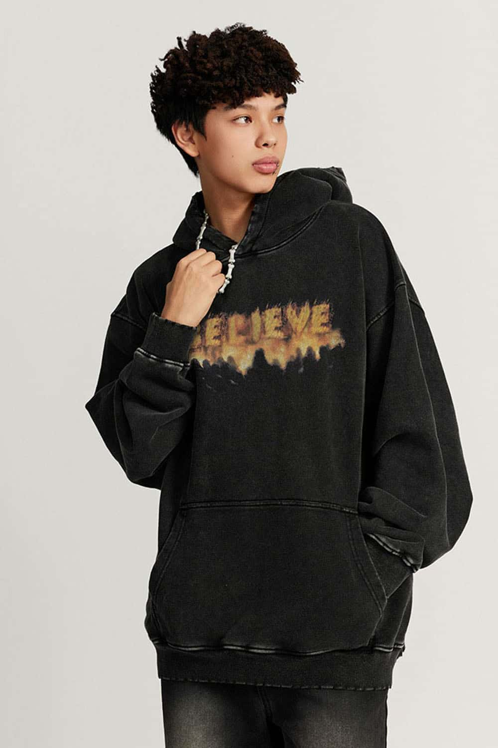 Vintage Street Flame Logo Trendy Hoodie with Washed Long Sleeves