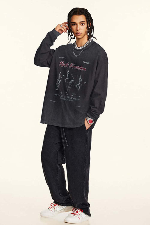 Distressed Band Graphic Long Sleeve Tee - Vintage Black