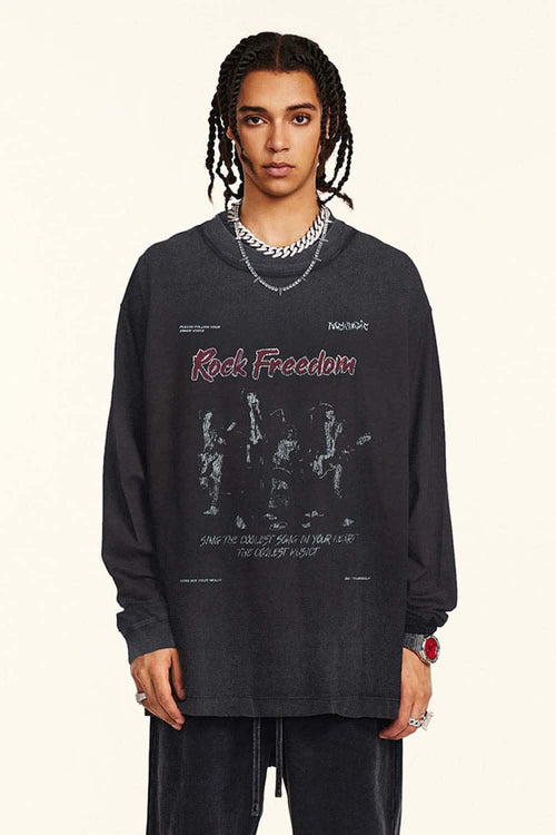 Distressed Band Graphic Long Sleeve Tee - Vintage Black