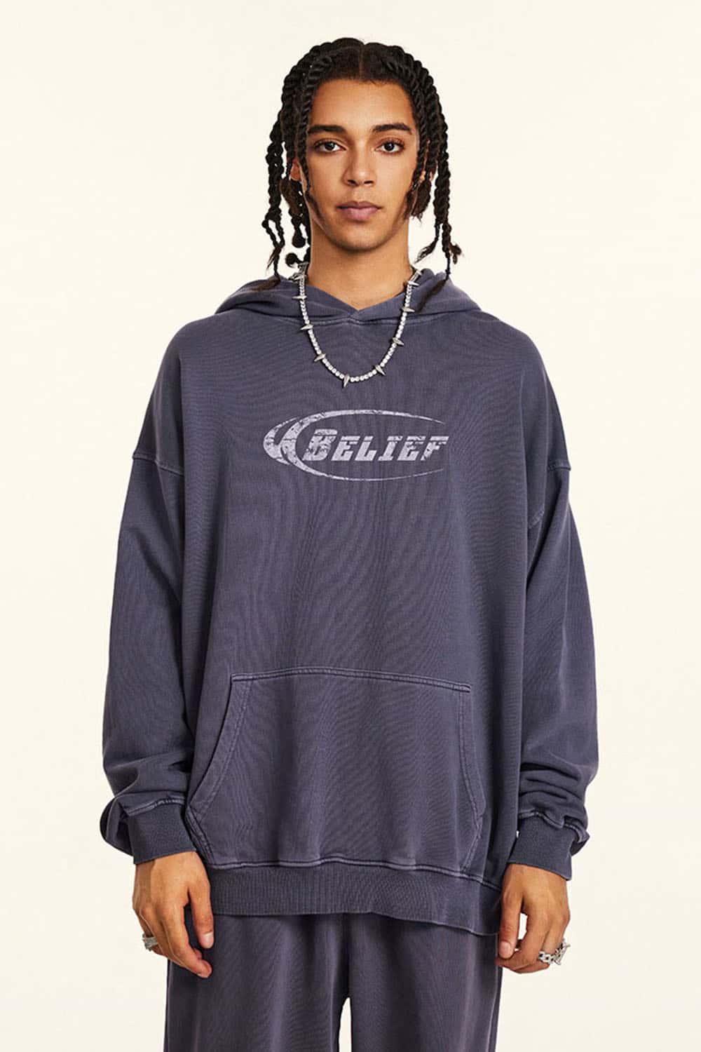 Heavyweight Washed Cotton Graphic Pullover Hoodie in Grape Purple - front modeled view