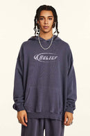 Heavyweight Washed Cotton Graphic Pullover Hoodie in Grape Purple - front modeled view