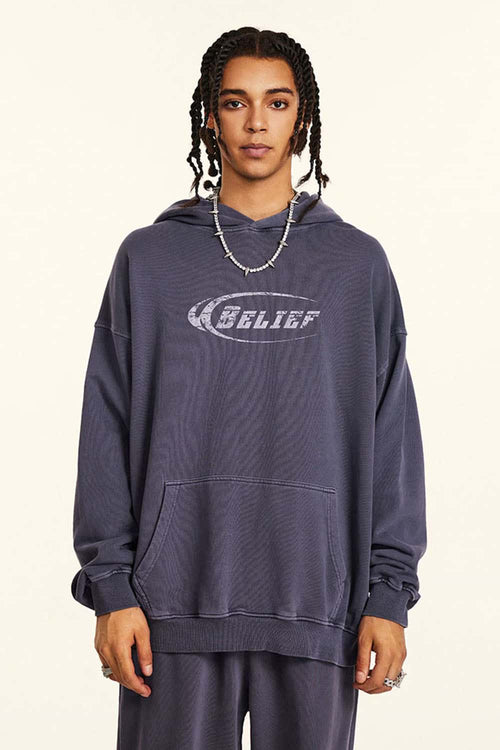 Heavyweight Washed Cotton Graphic Pullover Hoodie in Grape Purple - front modeled view