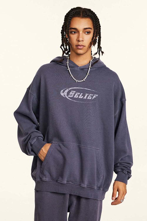 Heavyweight Washed Cotton Graphic Pullover Hoodie in Grape Purple - front modeled close-up