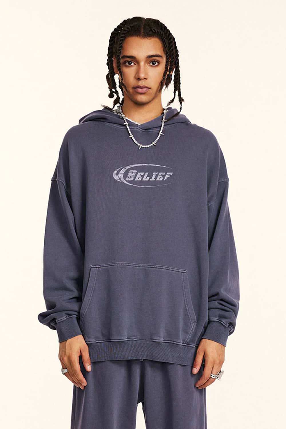 Heavyweight Washed Cotton Graphic Pullover Hoodie in Grape Purple - full-length front modeled view