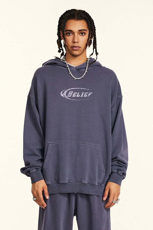 Heavyweight Washed Cotton Graphic Pullover Hoodie in Grape Purple - full-length front modeled view