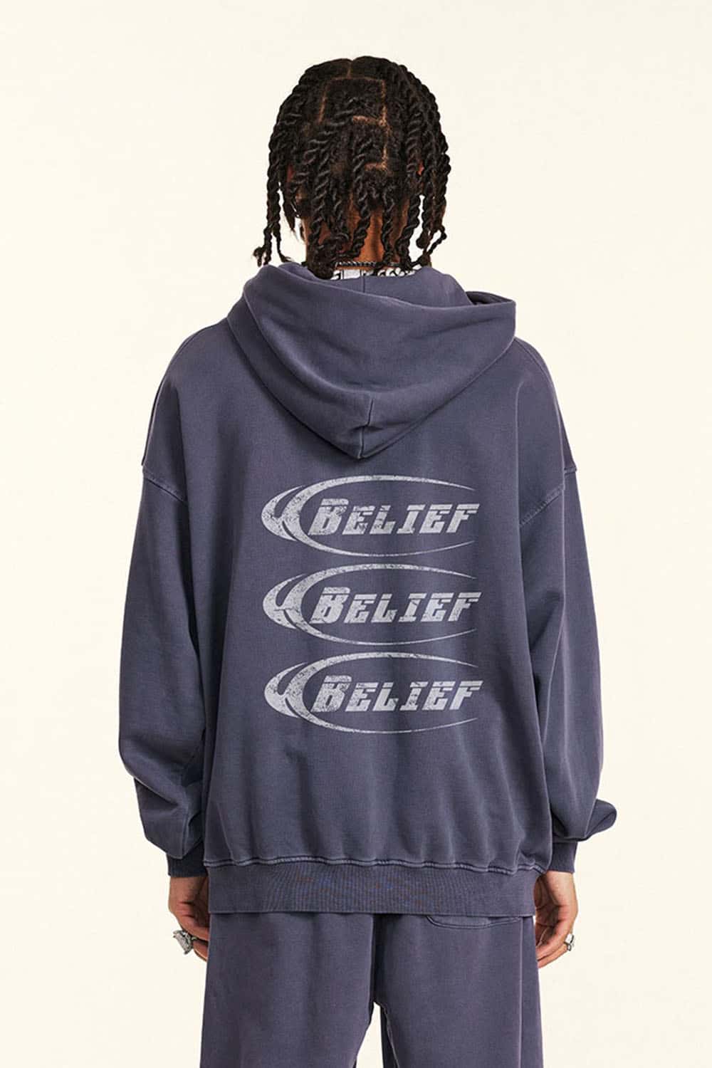 Heavyweight Washed Cotton Graphic Pullover Hoodie in Grape Purple - back modeled view