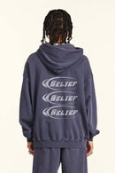 Heavyweight Washed Cotton Graphic Pullover Hoodie in Grape Purple - back modeled view