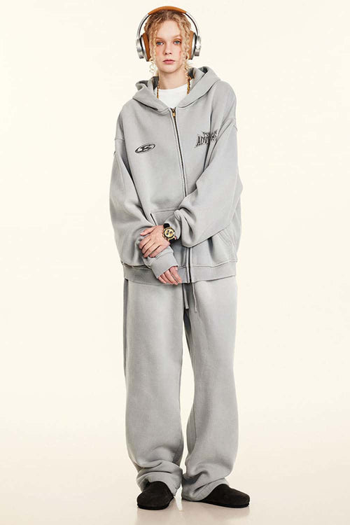 Vintage Washed Fleece Zip Hoodie - Light Gray
