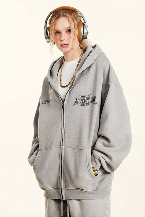 Vintage Washed Fleece Zip Hoodie - Light Gray