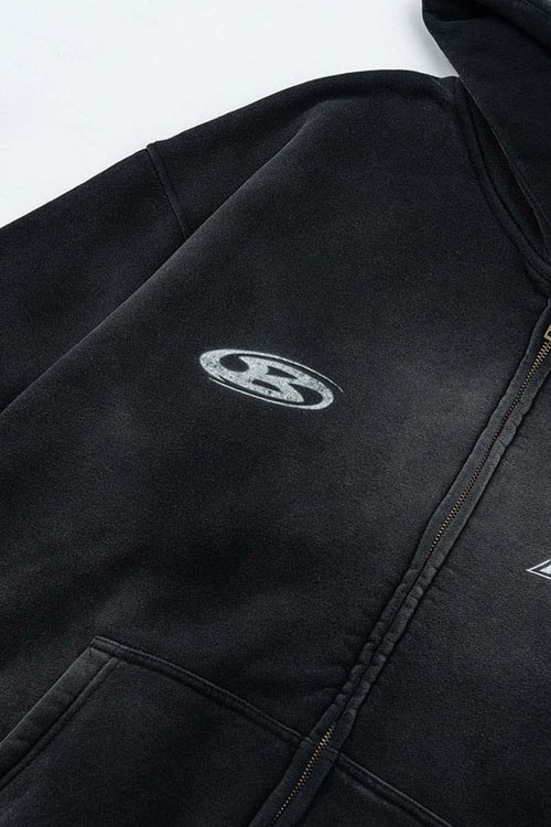 Vintage Washed Fleece Zip Hoodie - Black