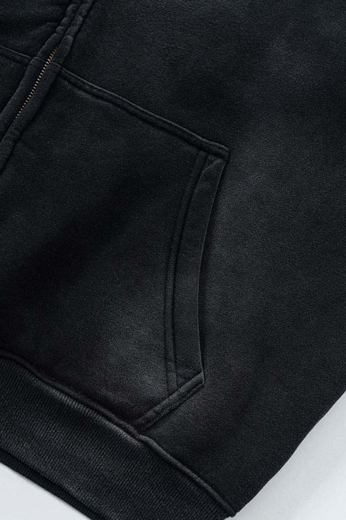 Vintage Washed Fleece Zip Hoodie - Black