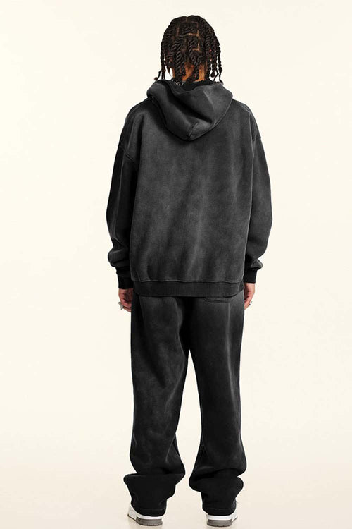 Vintage Washed Fleece Zip Hoodie - Black