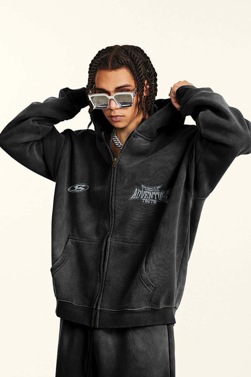 Vintage Washed Fleece Zip Hoodie - Black