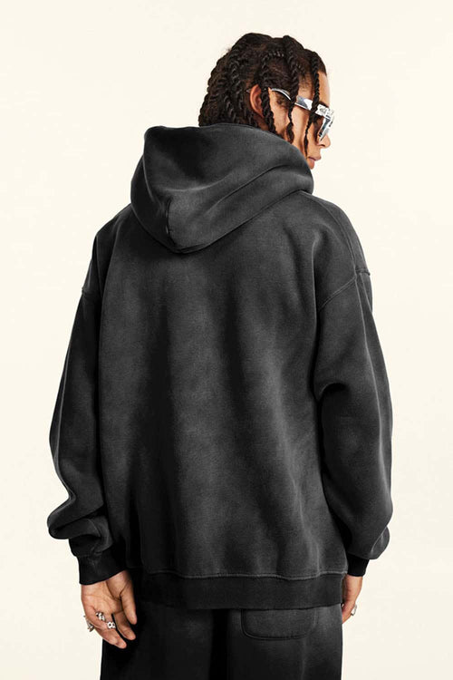 Vintage Washed Fleece Zip Hoodie - Black