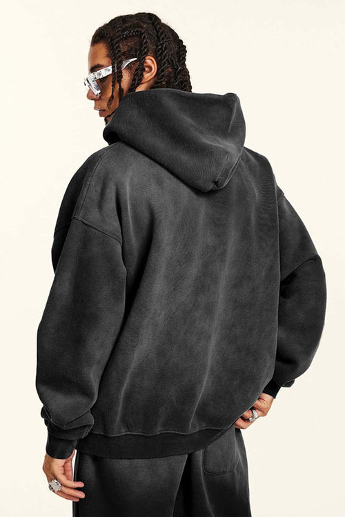 Vintage Washed Fleece Zip Hoodie - Black