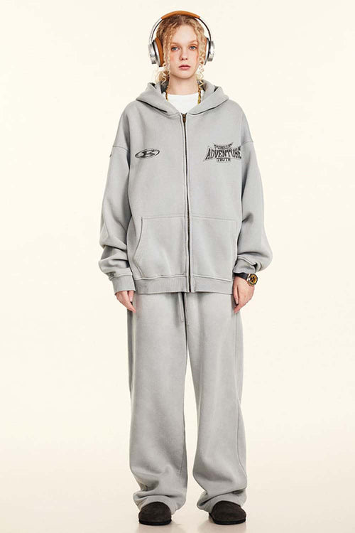 Vintage Washed Fleece Zip Hoodie - Light Gray