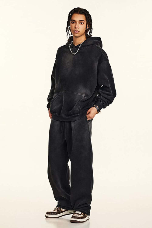 Durable Washed Gradient Fleece Hoodie - Black