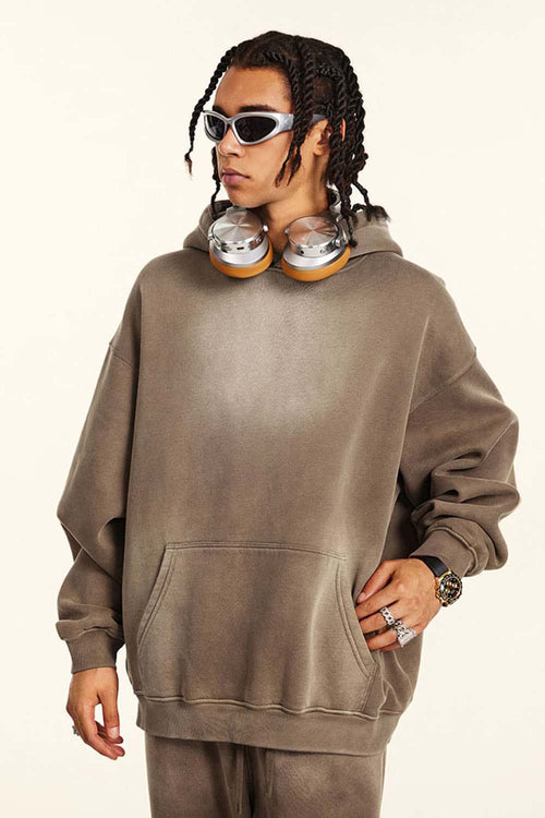 Durable Washed Gradient Fleece Hoodie - Brown