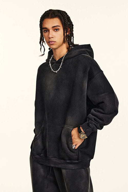 Durable Washed Gradient Fleece Hoodie - Black