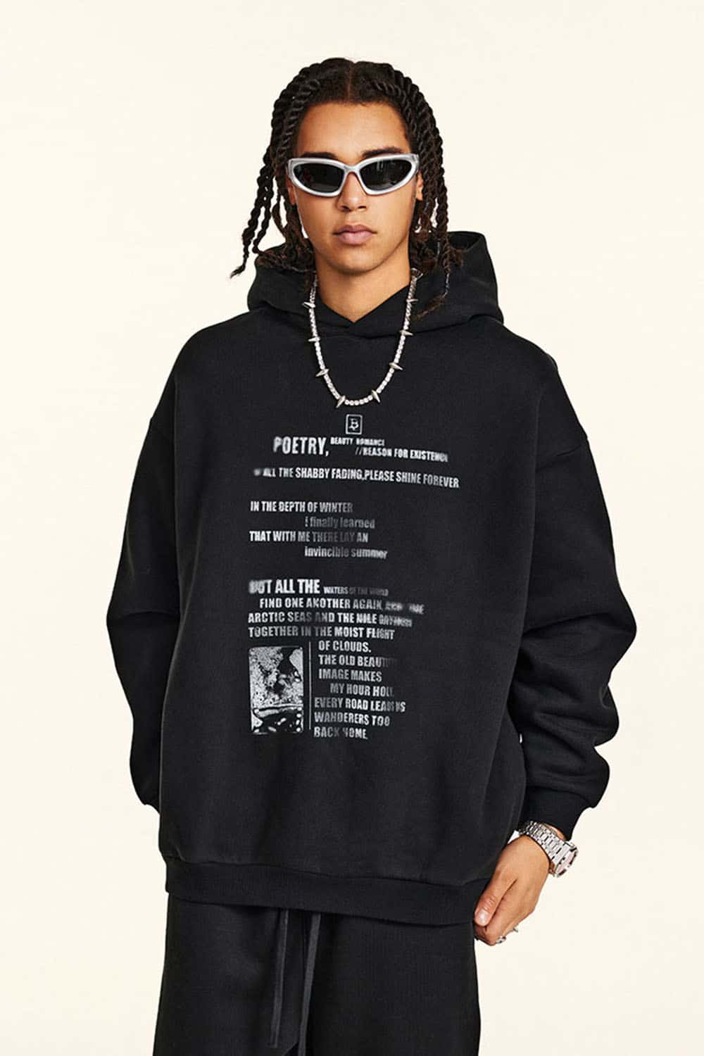 Vintage Print Heavyweight Hoodie with Poetry Graphics