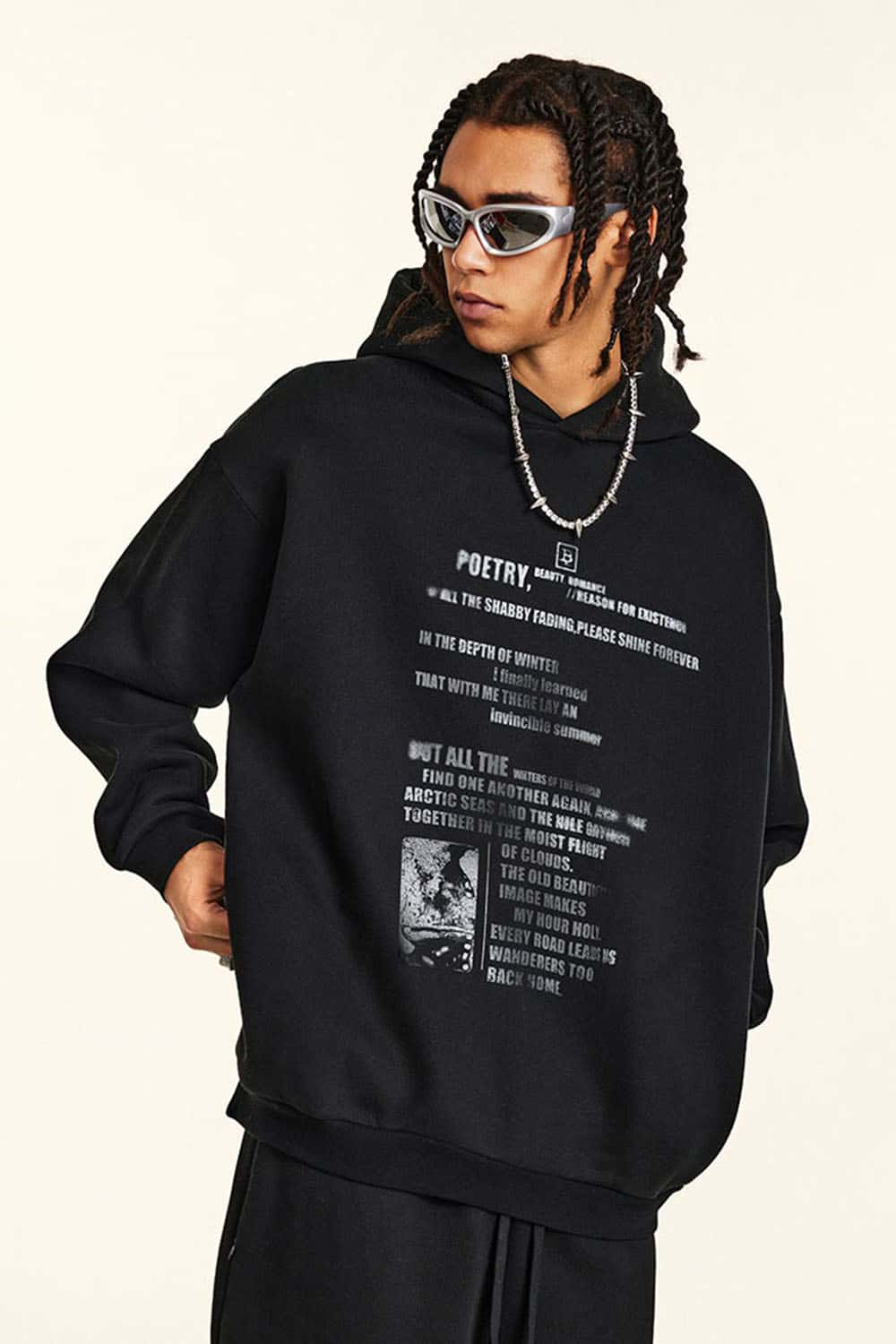 Vintage Print Heavyweight Hoodie with Poetry Graphics