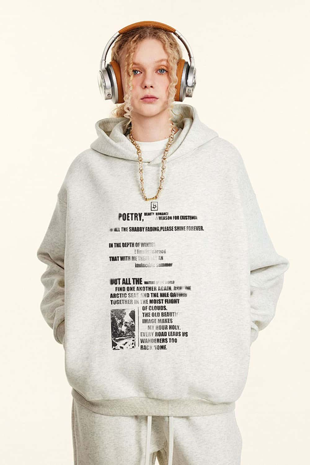 Vintage Print Heavyweight Hoodie with Poetry Graphics