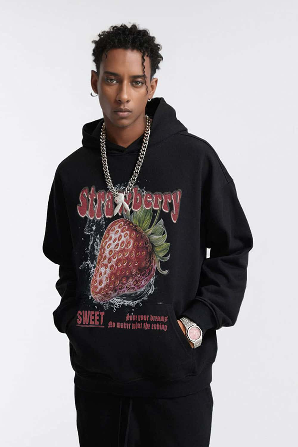 Vintage Strawberry Print Loose-Fit Heavyweight Hoodie