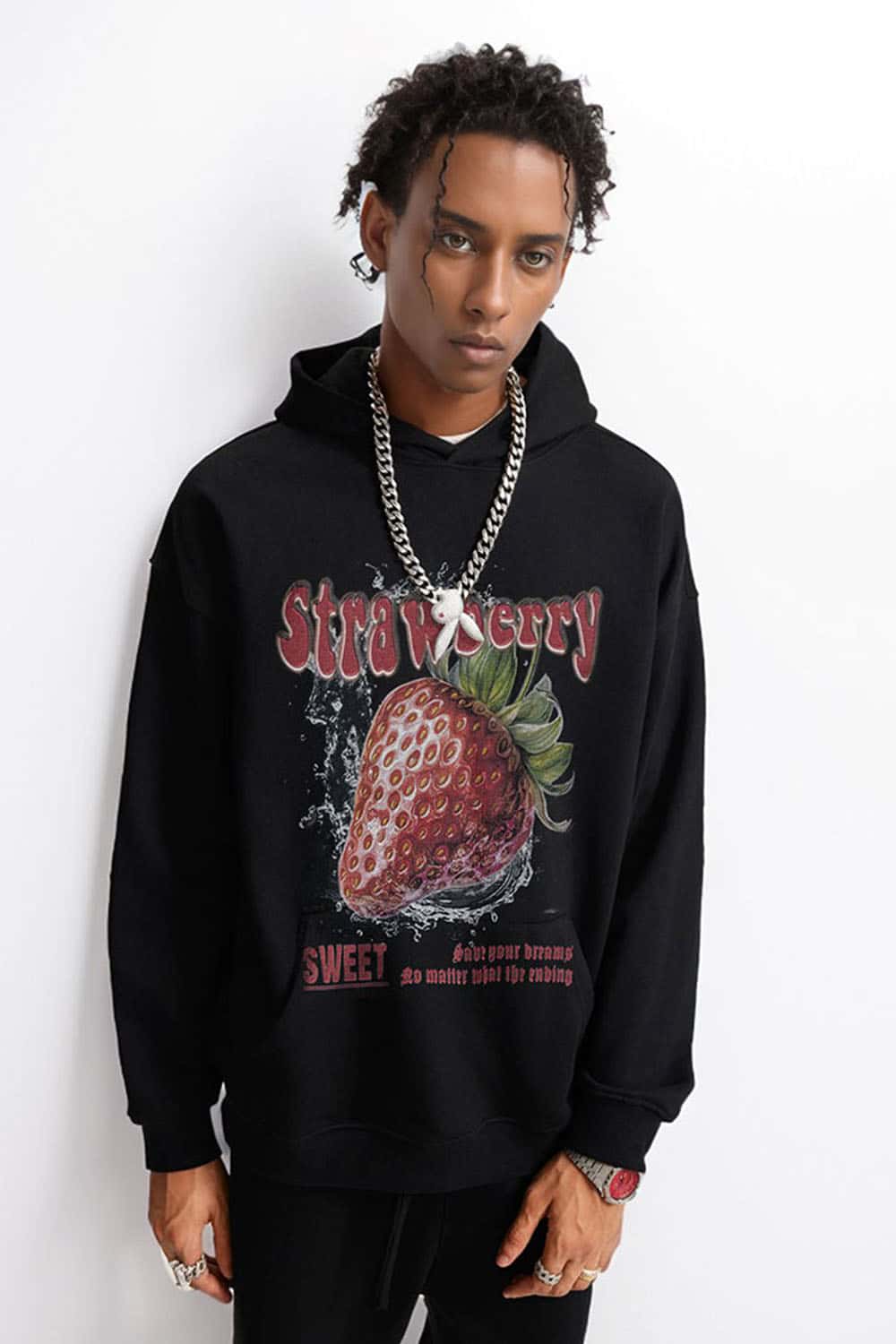 Heavyweight Strawberry-Graphic Cotton-Blend Hoodie in Black - front modeled view