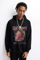 Heavyweight Strawberry-Graphic Cotton-Blend Hoodie in Black - front modeled view