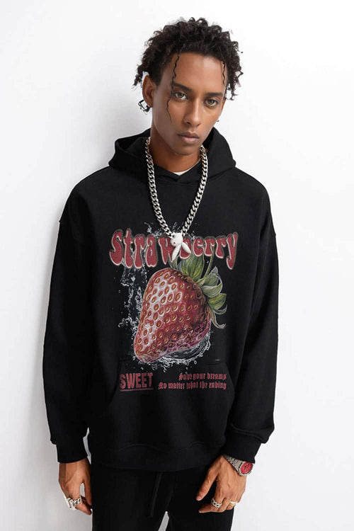 Heavyweight Strawberry-Graphic Cotton-Blend Hoodie in Black - front modeled view