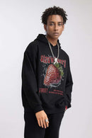 Heavyweight Strawberry-Graphic Cotton-Blend Hoodie in Black - three-quarter front modeled view