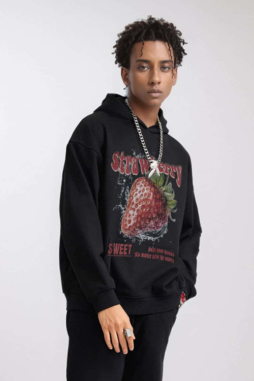 Heavyweight Strawberry-Graphic Cotton-Blend Hoodie in Black - three-quarter front modeled view