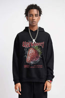Heavyweight Strawberry-Graphic Cotton-Blend Hoodie in Black - front modeled view