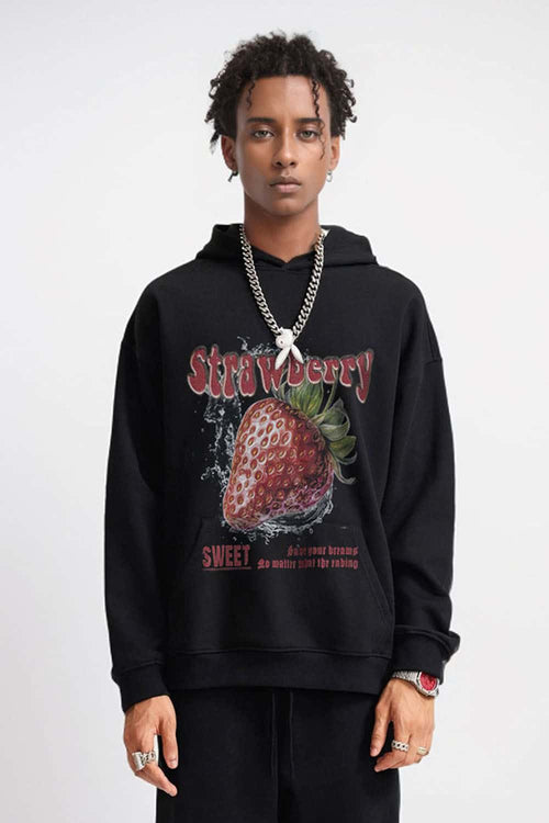 Heavyweight Strawberry-Graphic Cotton-Blend Hoodie in Black - front modeled view