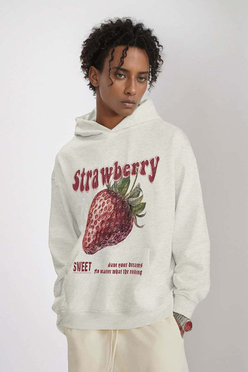 Heavyweight Strawberry-Graphic Cotton-Blend Hoodie in Oat Gray - front modeled view