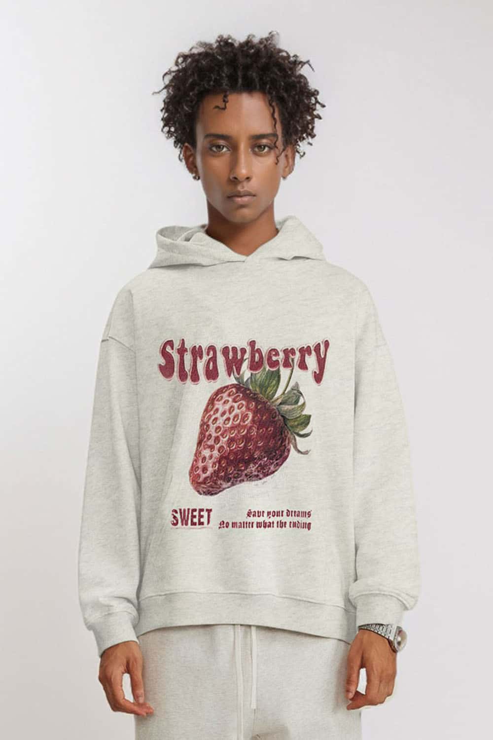 Heavyweight Strawberry-Graphic Cotton-Blend Hoodie in Oat Gray - full-length front modeled view