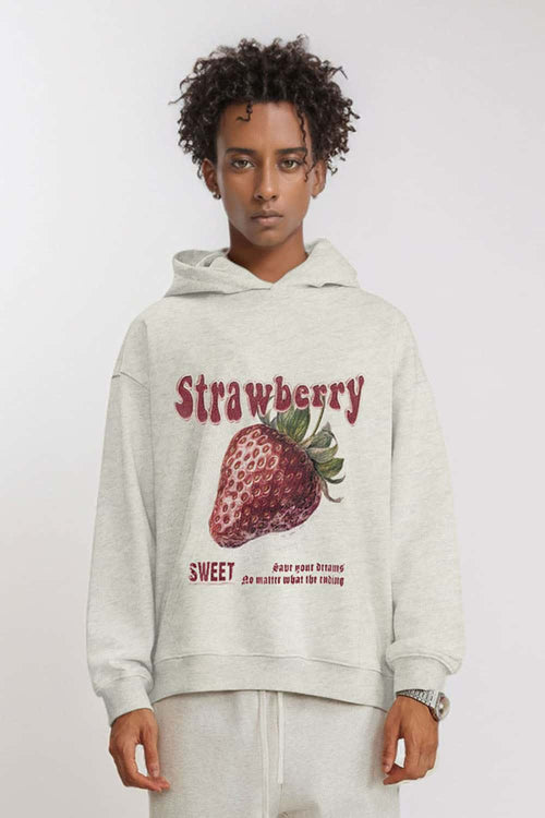 Heavyweight Strawberry-Graphic Cotton-Blend Hoodie in Oat Gray - full-length front modeled view