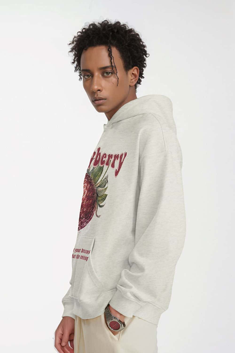 Heavyweight Strawberry-Graphic Cotton-Blend Hoodie in Oat Gray - side modeled view