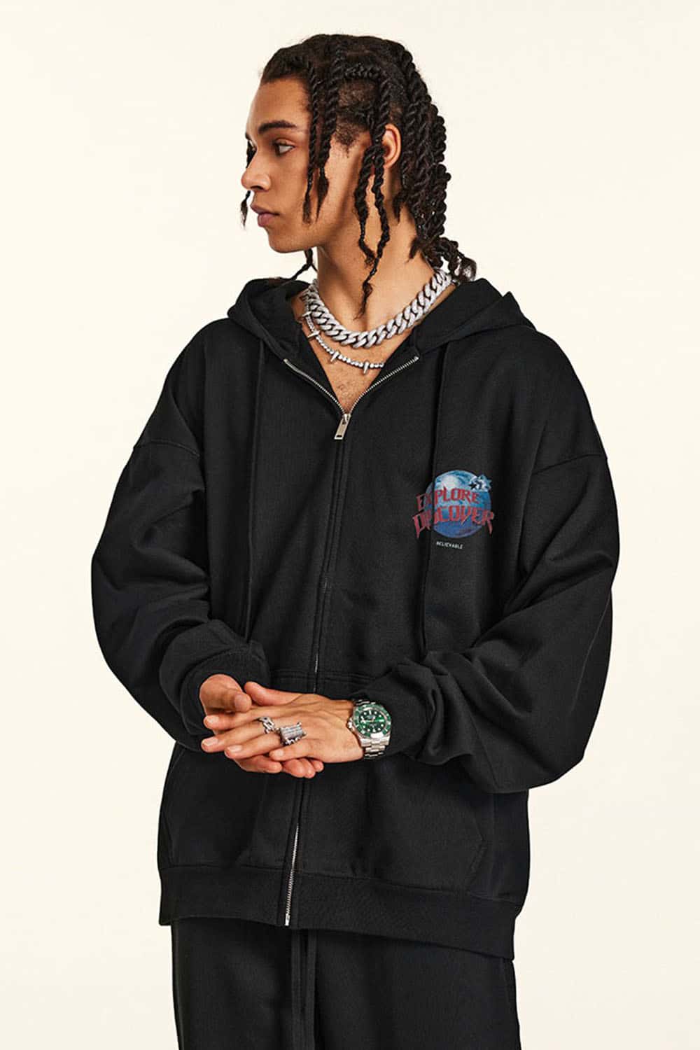 Trendy Zip-Up Hoodie with Graphic Logo