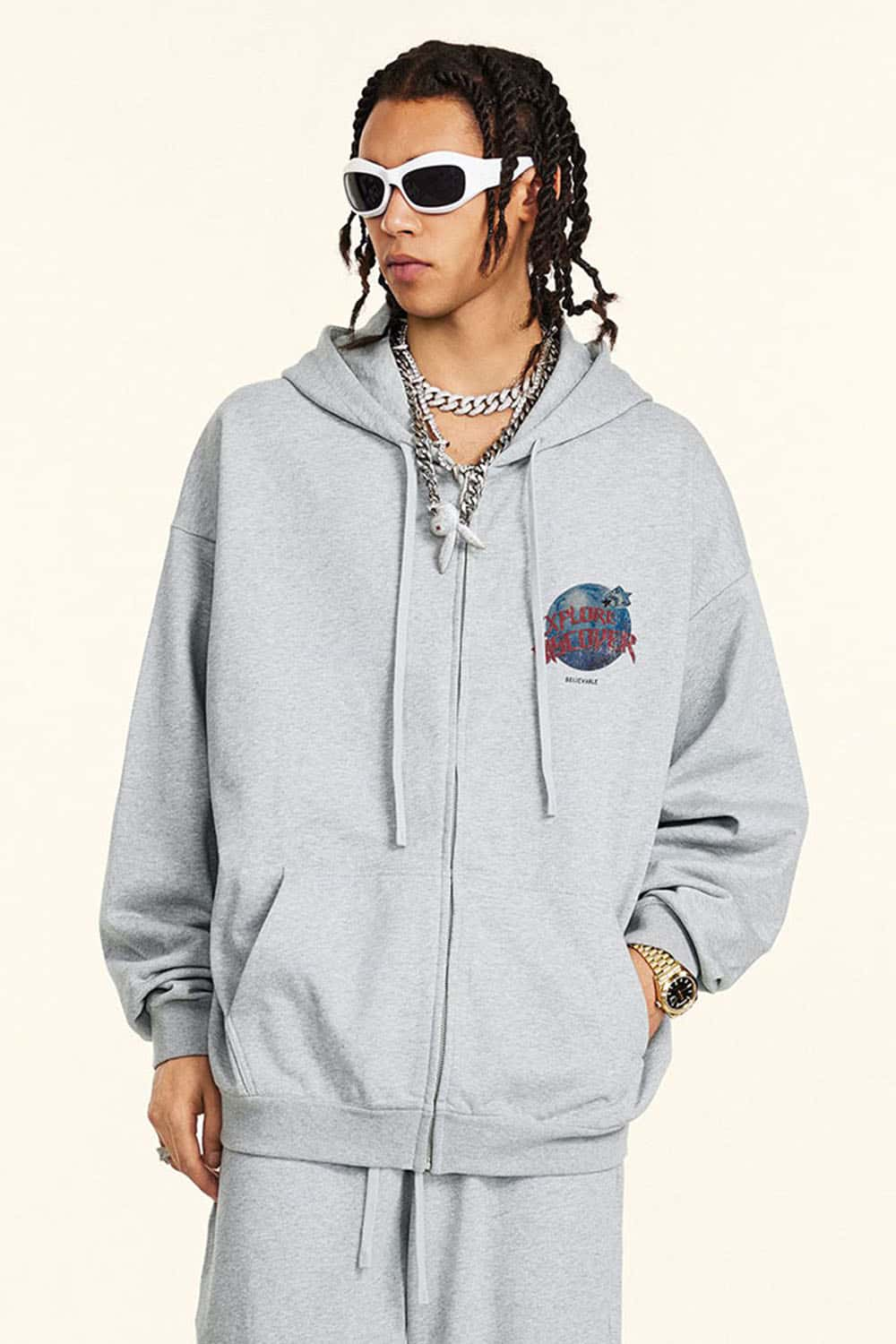 Trendy Zip-Up Hoodie with Graphic Logo