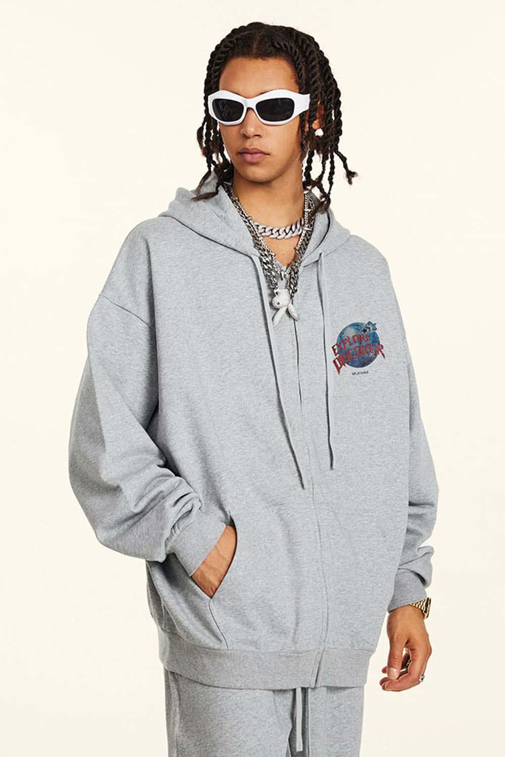 Trendy Zip-Up Hoodie with Graphic Logo